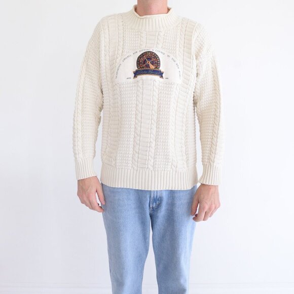 Vintage 90S Eddie Bauer Cream Cable Knit Nautical Mock Neck Sweater Medium - Picture 1 of 10